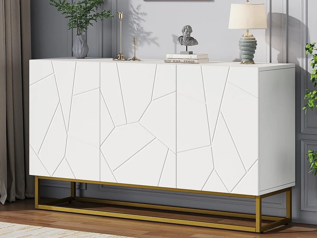 Nowoczesny błyszczący bufet - 3 drzwi z 3 regulowanymi półkami - 130x36x76 cm - Biały