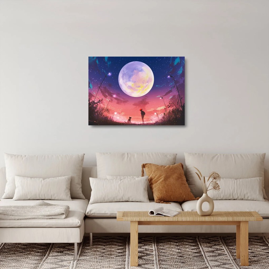 Obraz na szkle - Kobieta i pies w pełni księżyca (70x50 cm)