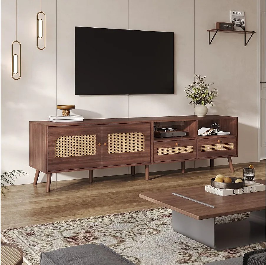Szafa pod telewizor z 2 drzwiami i 2 szufladami - Brązowa szafka pod telewizor - Drzwi z rattanu - do telewizora 80-calowego
