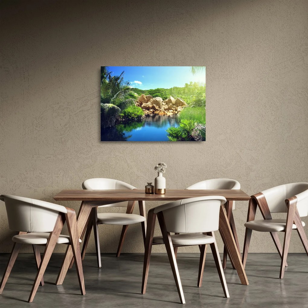 Obraz na szkle - jezioro w dżungli Seszeli (70x50 cm)