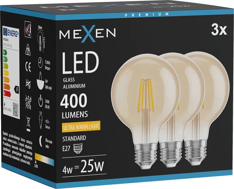 Mexen Vintis 3x żarówka filament LED E27, G80, 4W, Ciepła - 2200K, 400 lm, amber - L155-E27-0422-50x03