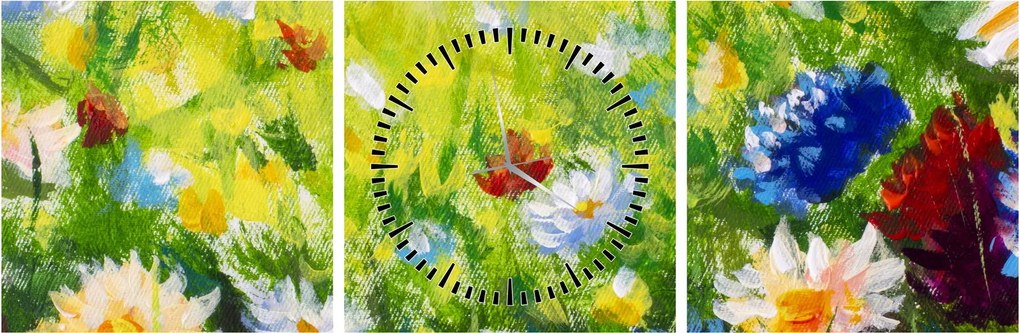 Obraz kwitnącej łąki, obraz olejny (z zegarem) (90x30 cm)