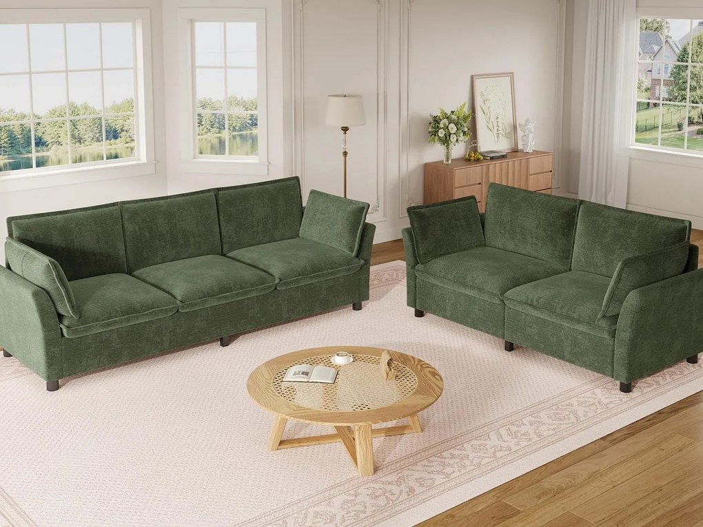 Modułowy zestaw sof 3+2 „efekt chmury” z tkaniny szenilowej, sofa 3-osobowa i sofa 2-osobowa ergonomiczna, styl nowoczesny - zielony