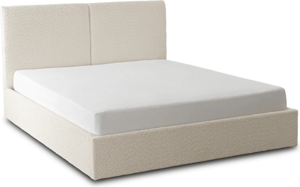 Łóżko Tapicerowane 140x200 cm MARSYLIA ze Stelażem i Pojemnikiem Dwuosobowe Boucle Kremowe