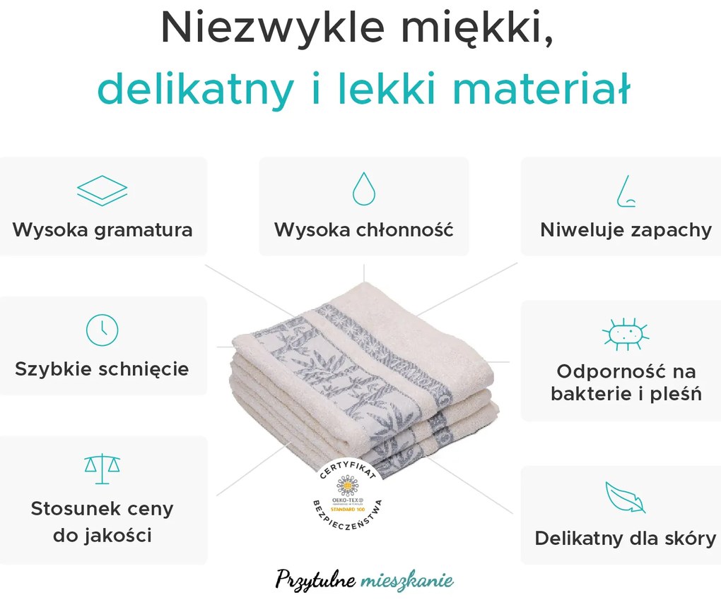 Bambusowy ręcznik BAMBOO 50x90 cm kremowy, 70% włókno bambusowe | 30% bawełna