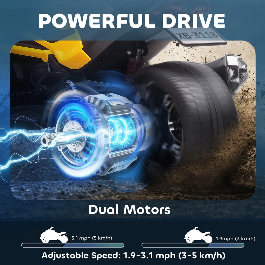 AIYAPLAY Elektryczny pojazd dla dzieci, odwrócony design trójkołowca, zasilanie bateryjne, odtwarzacz MP3, klakson, 2 prędkości, światła LED, 3-8 lat, Żółty