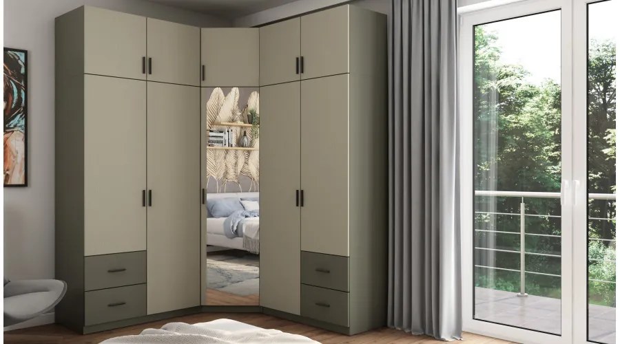 Szafa narożna z lustrem, półkami i szufladami 189 x 240 cm – Kaszmirowy Beż
