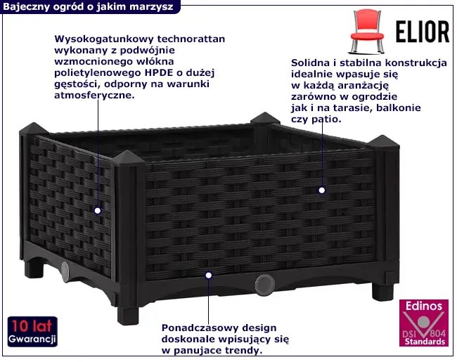 Czarna kwadratowa donica ogrodowa z technorattanu - Athena