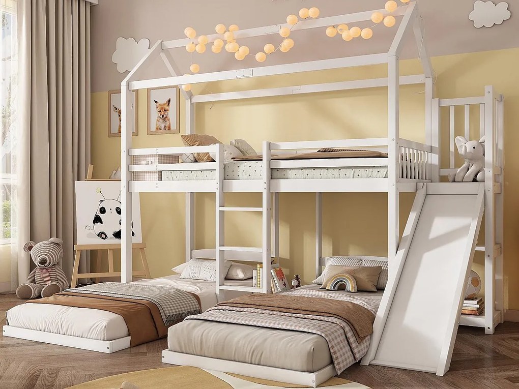 Łóżko piętrowe 90x200cm dla 3 dzieci - zjeżdżalnia z otwartymi półkami - z drewna sosnowego i MDF - Białe