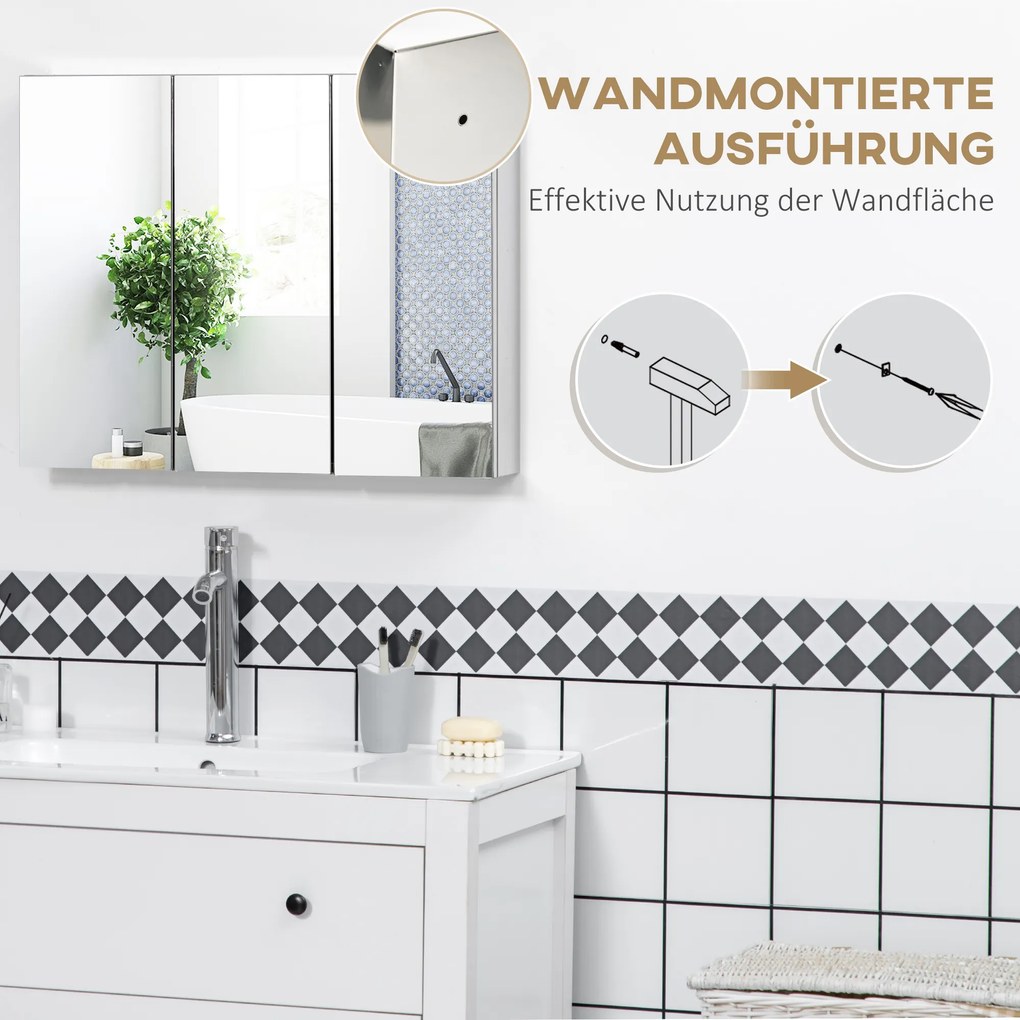 kleankin Szafka z lustrem, szafka łazienkowa, 3 drzwi lustrzane, 5 półek wewnętrznych, stal nierdzewna, Kolor: Srebrny, 70 x 12 x 55 cm