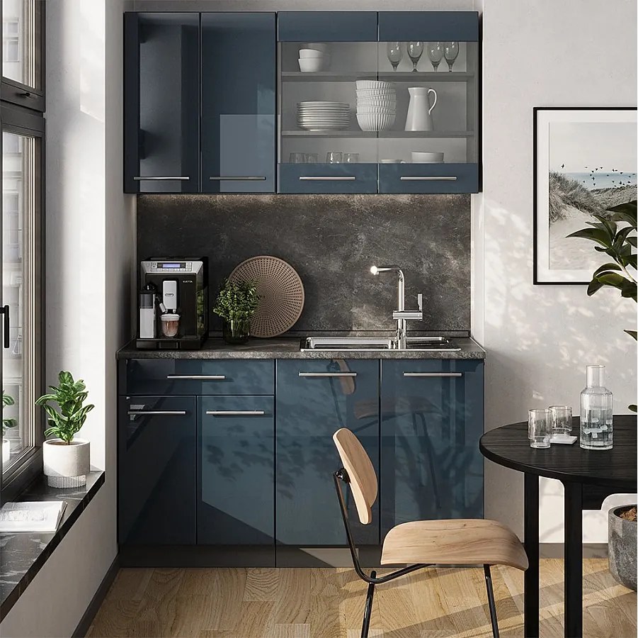 Pojedyncza kuchnia ciemnoniebieski wysoki połysk/antracyt 140x60x81.6 fame-line