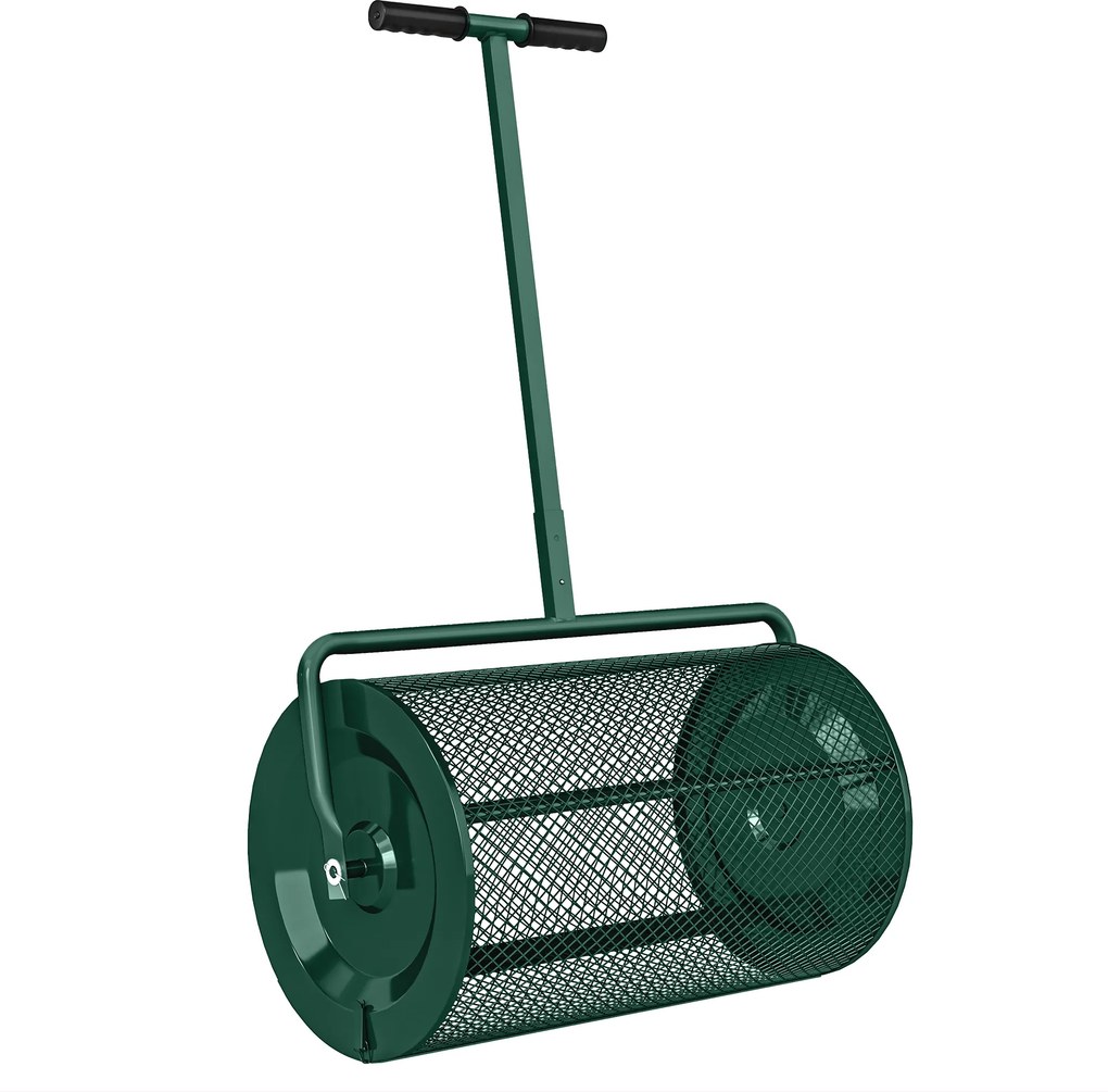 Outsunny Rozsiewacz kompostu 75 l 61x40cm rozsiewacz nawozu trawa ogród z uchwytem T kosz z siatki metal zielony | Aosom PL
