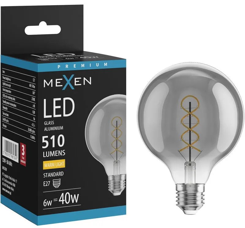 Mexen Vintis żarówka filament spirala LED E27, G95, 6W, Ciepła - 2700K, 510 lm, smoke - L167-E27-0627-70