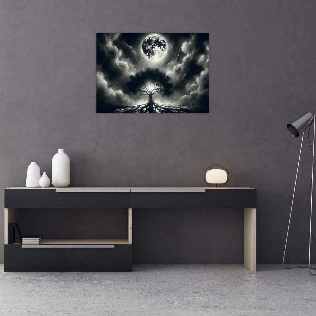 Obraz na szkle – Czarno-białe drzewo w pełni księżyca (70x50 cm)