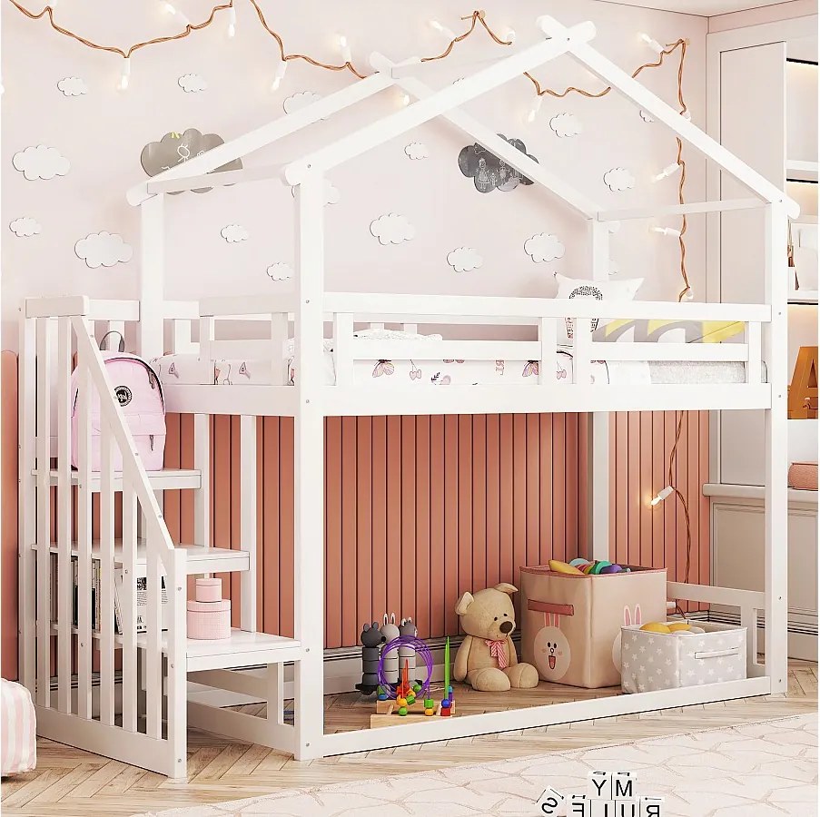 Łóżko piętrowe 90x200 cm - łóżko typu „kabina” z drabinką i barierką - białe drewno - materac nie jest wliczony w cenę