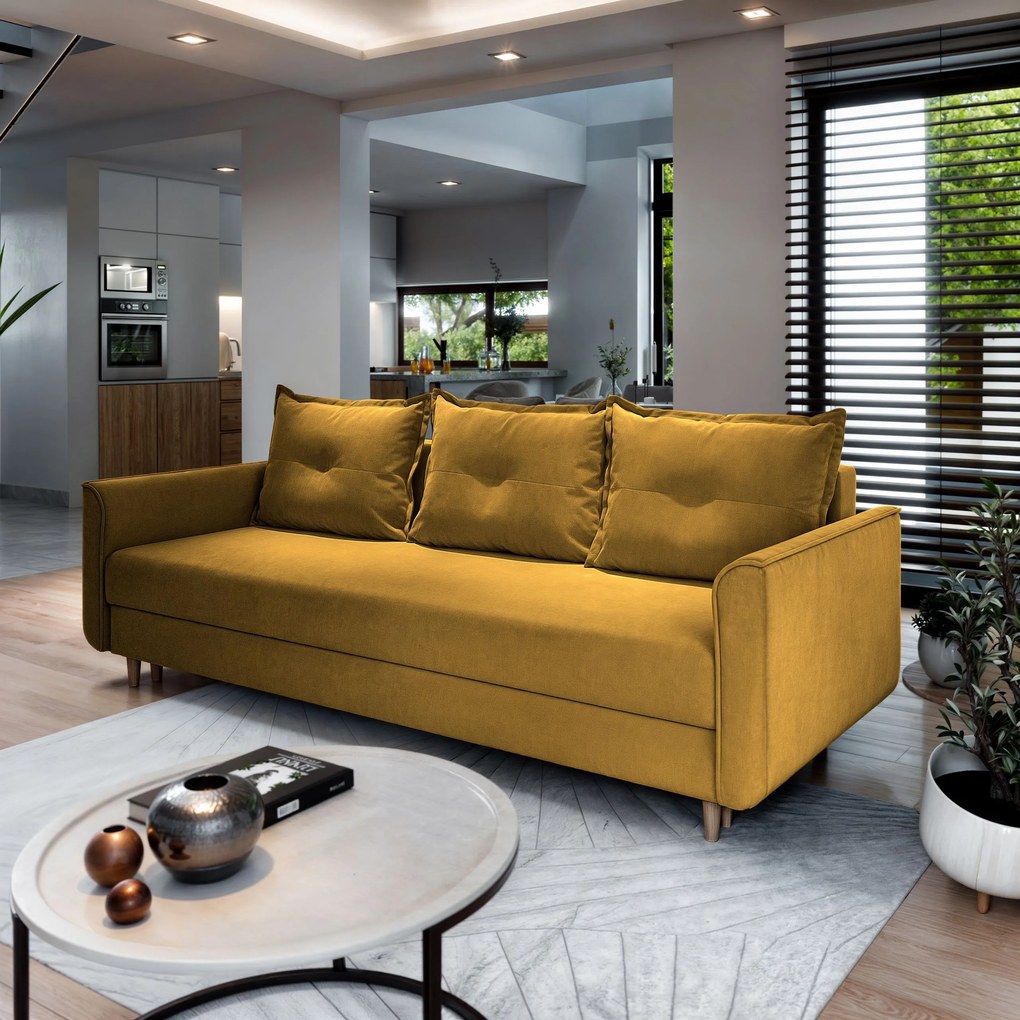 Masseno Sofa NAPOL z funkcją spania i pojemnikiem na pościel, Rozkładana sofa - Żółty, KRONOS 01