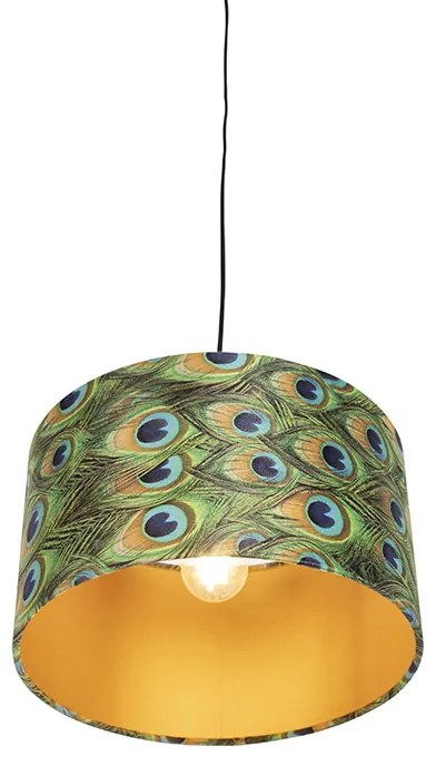 Lampa wisząca z abażurem z aksamitu w kolorze pawia ze złotem 35 cm - Combi klasyczny/Antyczny Oswietlenie wewnetrzne