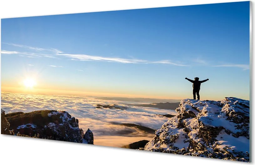 Szkło do Kuchni na Ścianę Człowiek w Górach o Wschodzie Słońca