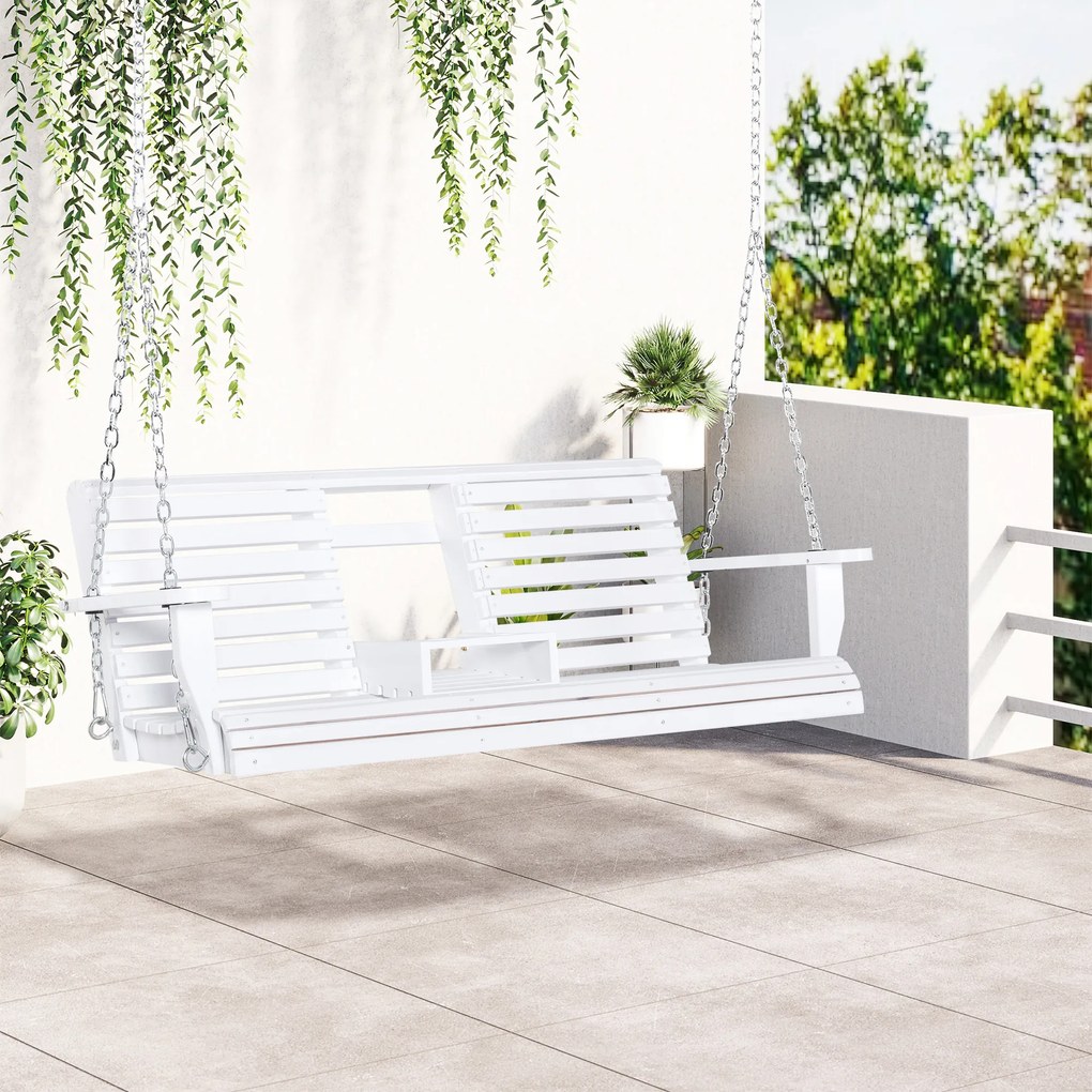 Outsunny 3-Seater Wooden Porch Swing Bench with Folding Coffee Table, Durable PU Coating, Chains Included, White