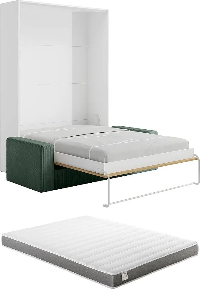 Łóżko chowane w szafie 160 x 200 cm - Ręczne otwieranie pionowe - Kolor: Naturalny i biały + Materac + kanapa zielona - BEGANIO