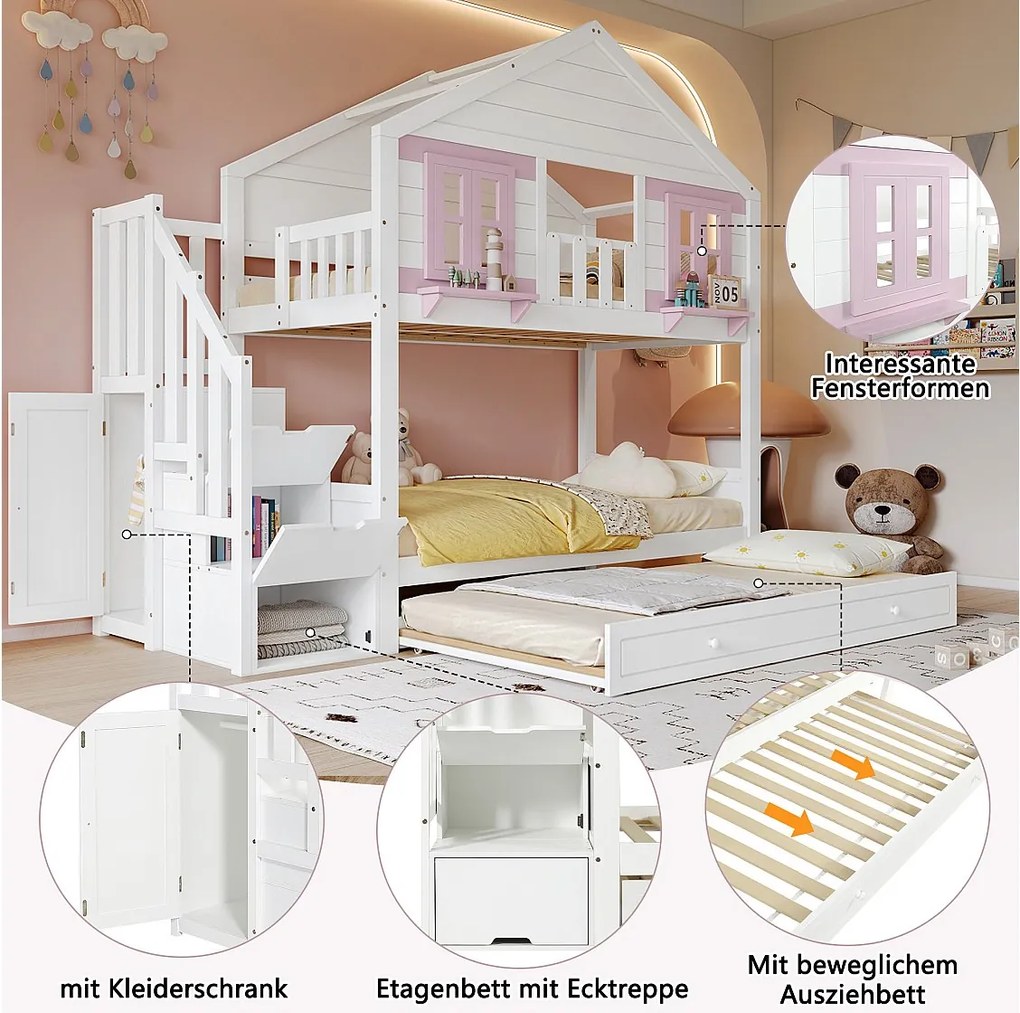 Łóżko piętrowe z łóżkiem wysuwanym - 2 x 90 x 200 cm - z drabinką + okna + dach - sosna + MDF - białe + różowe
