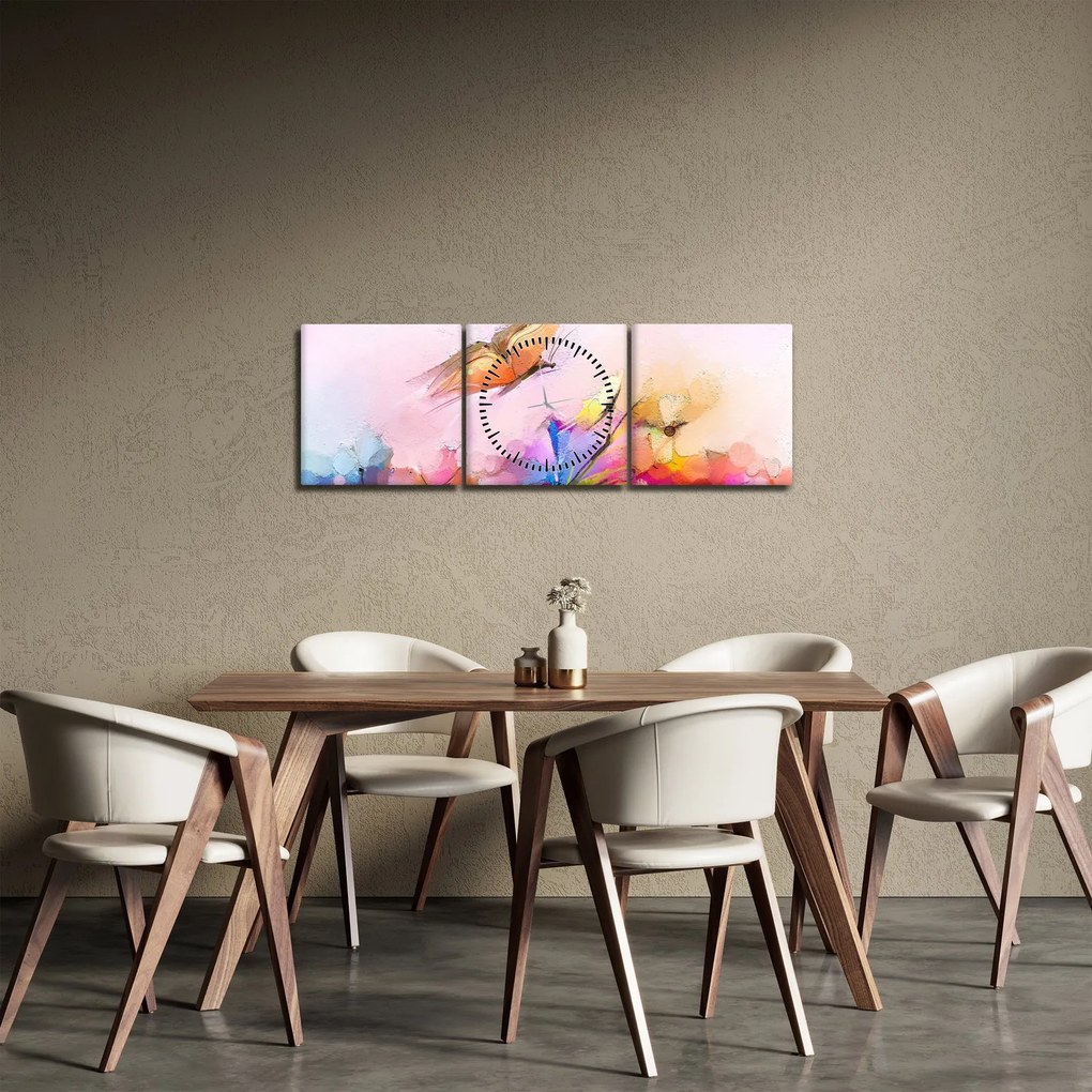 Obraz - Motyl nad kwiatem, abstrakcja (z zegarem) (90x30 cm)