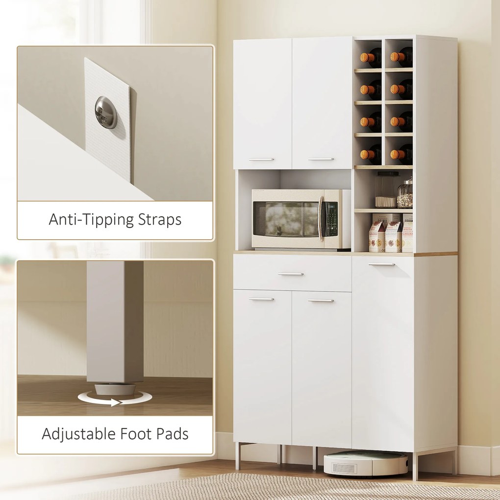 HOMCOM Szafka kuchenna z otwartymi regałami, przegródkami, stojak na wino, schowek z 5 drzwiami, MDF, Biały