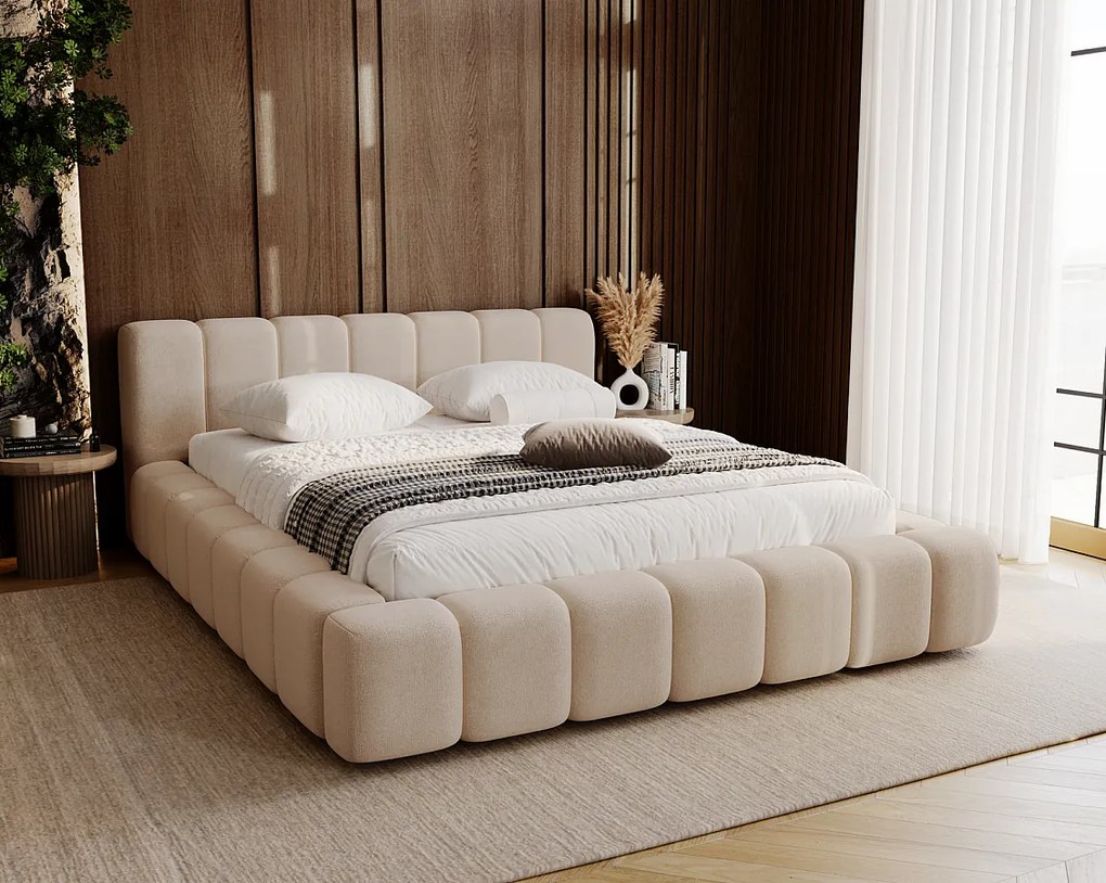 Emporius Bolonia łóżko tapicerowane 160x200 cm - łóżko podwójne 160x200 - pojemnik, stelaż, gruba pianka, tkanina welurowa, beżowy (Komodo 11)