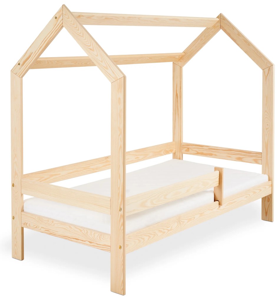 Łóżko dziecięce DOMEK D3, 80 x 160 cm, sosna Stelaż: Ze stelażem listwowym rolowanym elastycznym, Materac: Materac EASYSOFT 10 cm, Pojemnik pod łóżko: Z białym pojemnikiem pod łóżko