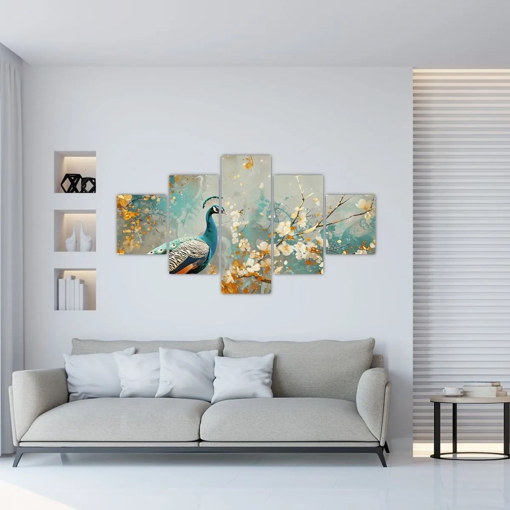 Obraz - Paw ze złotą dekoracją (125x70 cm)