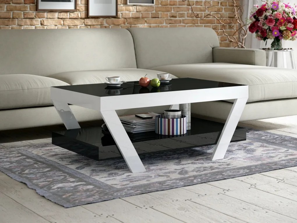 Akrylowa ława pokojowa z półką Vegan 100x60 z czarnym blatem i białymi nogami