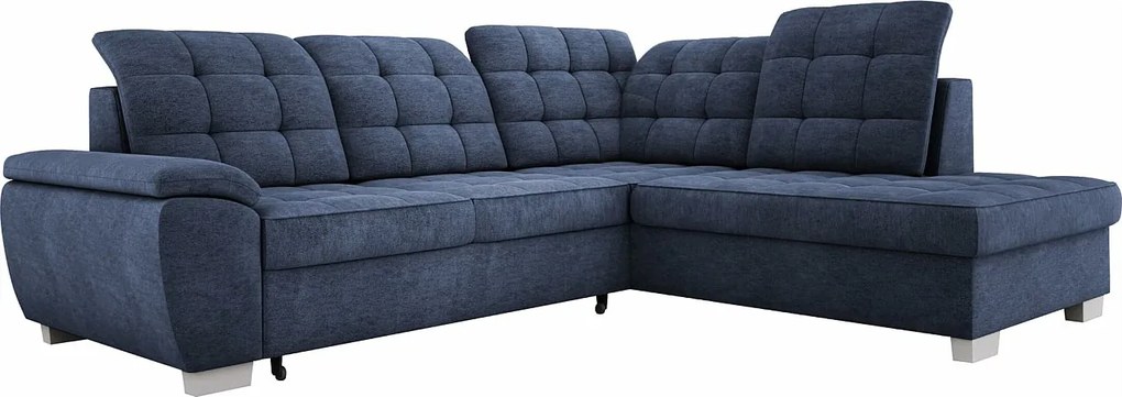 Narożnik LOTTA z łatwego w utrzymaniu weluru, 258x212cm, idealny dla rodzin, z praktycznym pojemnikiem na pościel, układ prawy, kolor: NIEBIESKI
