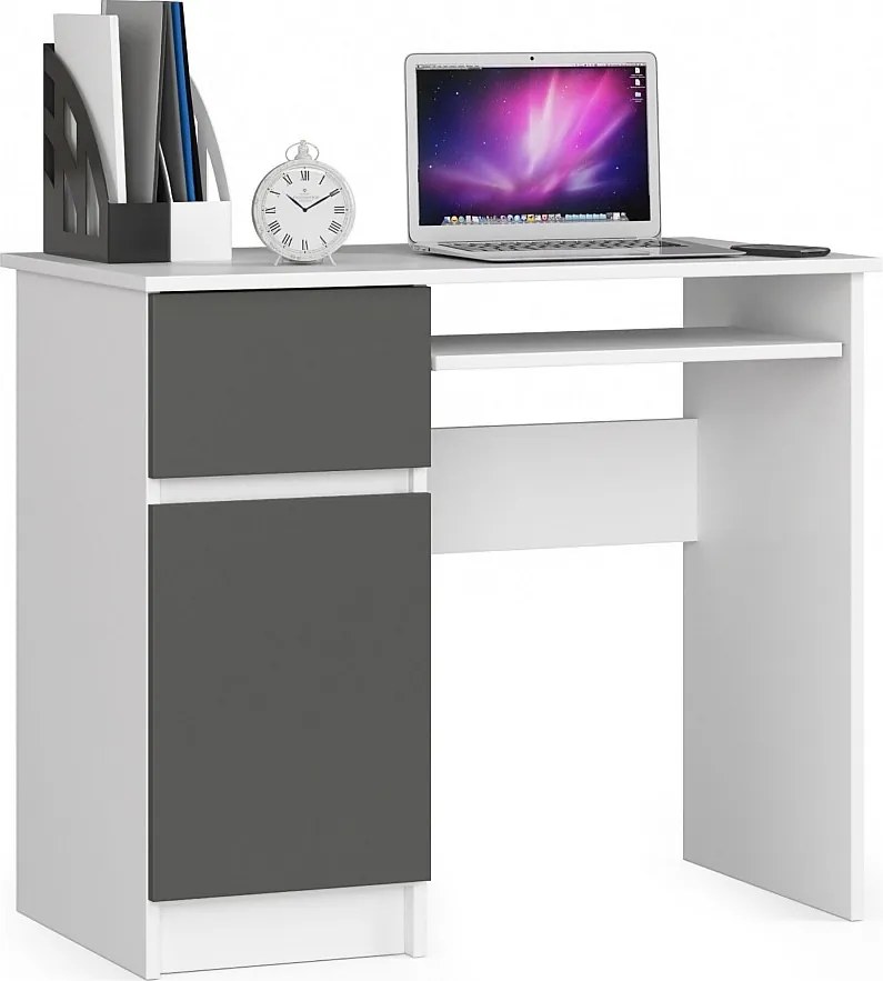 Biurko komputerowe AKORD PIKSEL Białe 90 cm lewe 1 drzwi 1 szuflada kolor Grafit Szary mat 3 półki 90x50x77 cm