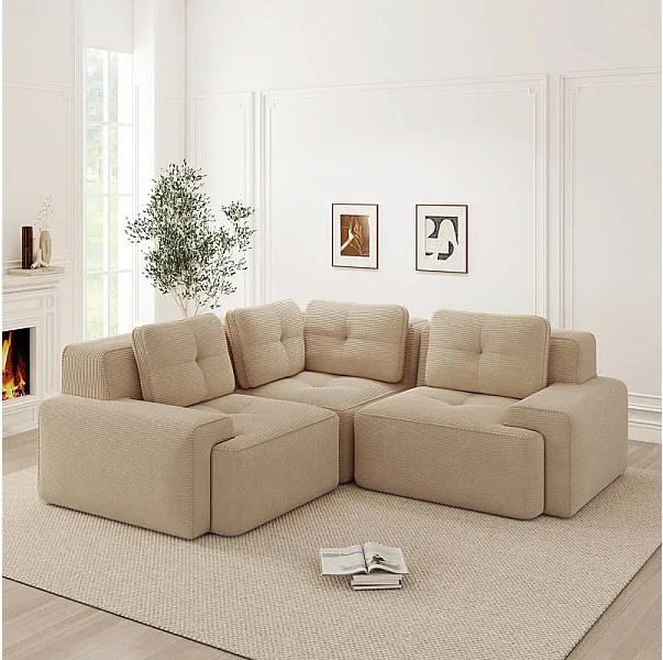 Canapé d'angle gauche modulable en velours côtelé, avec 4 coussins, 177x177x69cm, Beige