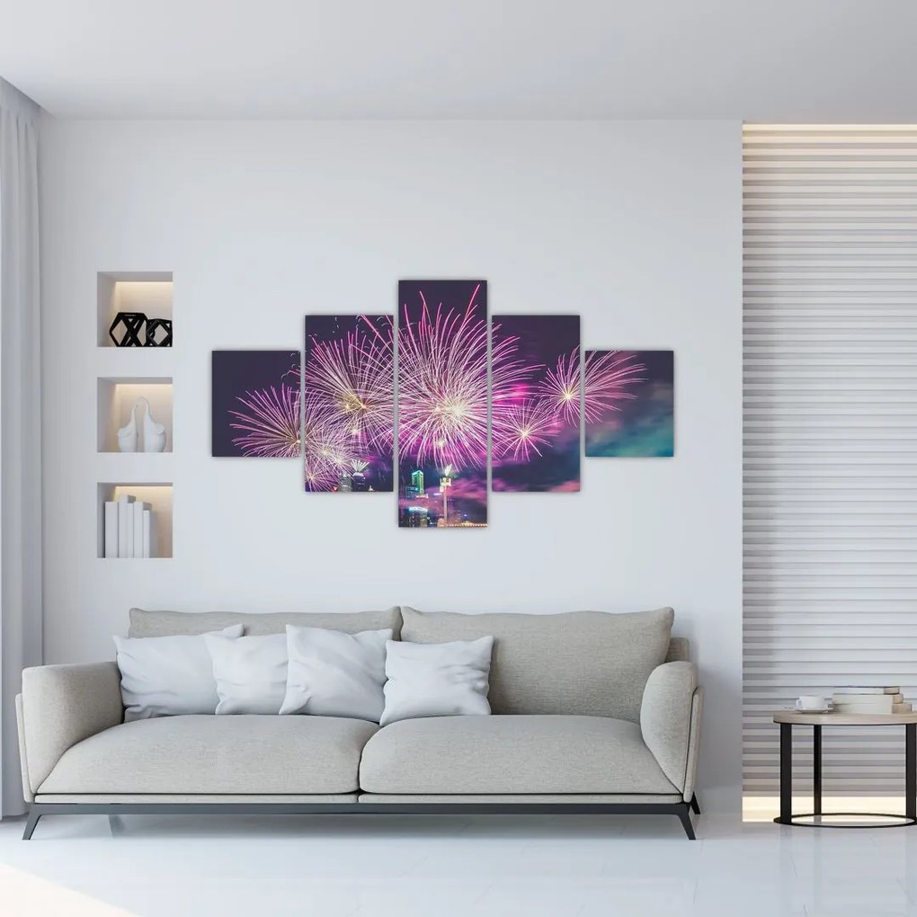 Obraz nocnego miasta z fajerwerkami (125x70 cm)