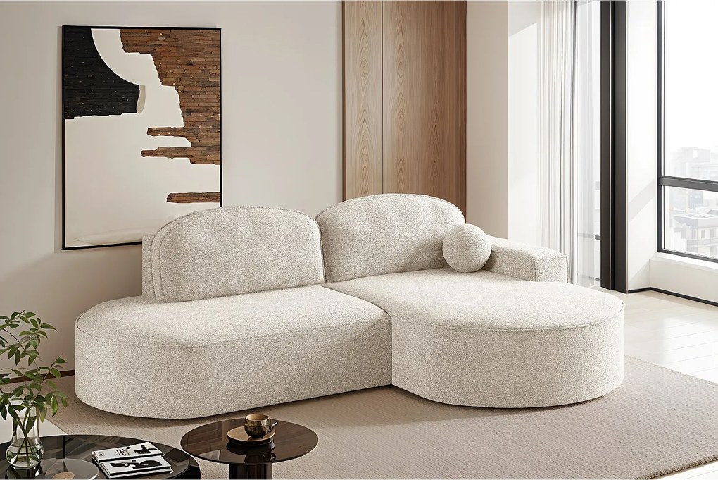 Narożnik z funkcją spania i pojemnikiem Modena Runden, tkanina Arena, Ecru, Prawy