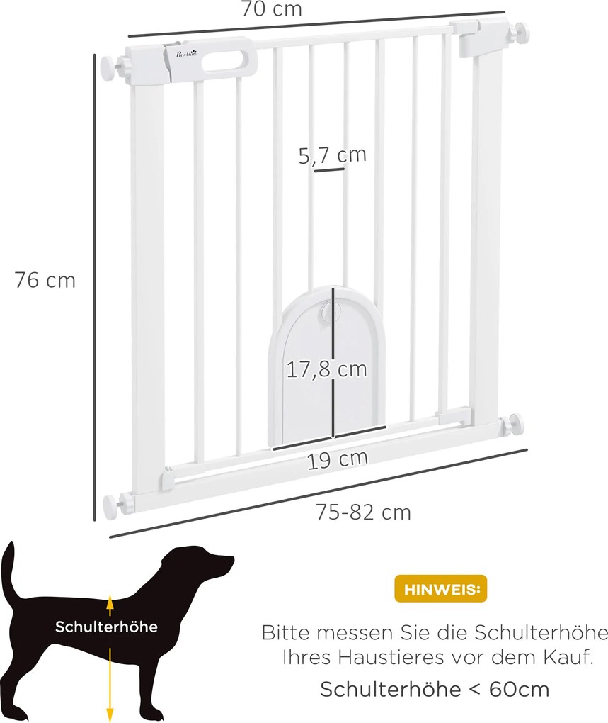PawHut bramka dla zwierząt, regulowana, z małymi drzwiczkami, metal, plastik, biały