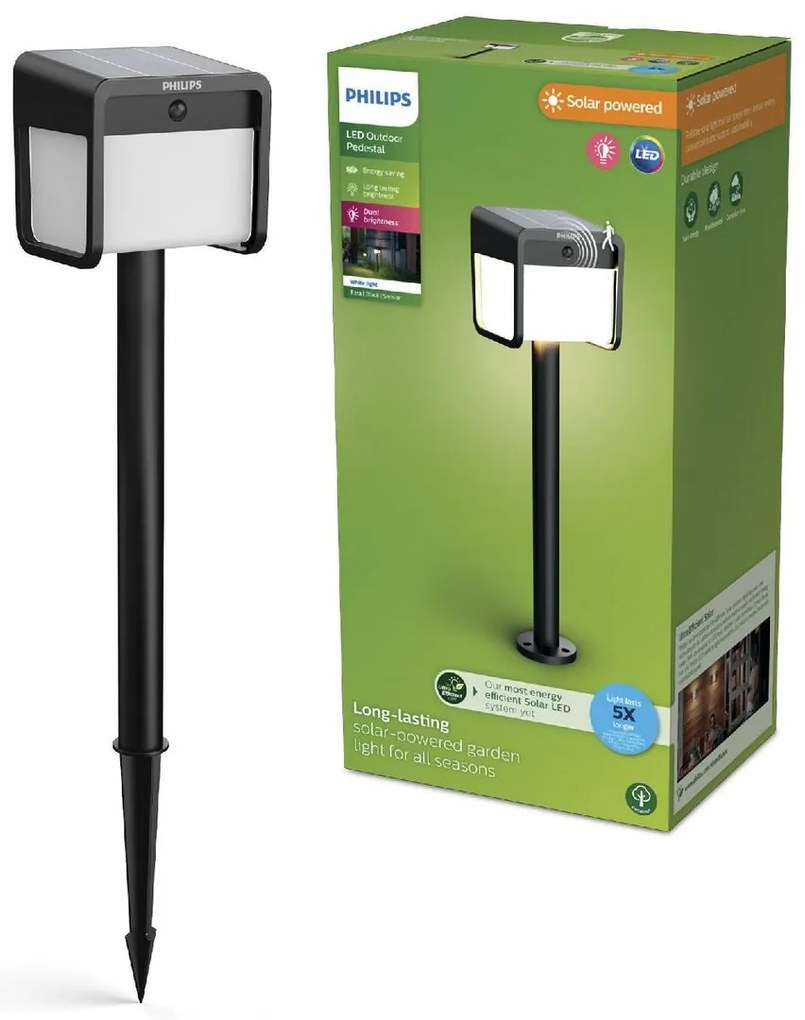 Słupek Philips Ezra UltraEfficient Solar LED z czujnikiem, czarny, 1,8 W, 250/25 lm, 3000 K