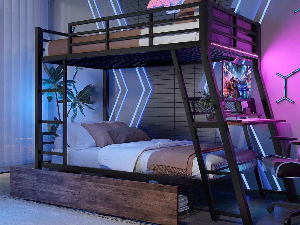 Łóżko piętrowe 90x200 cm - z oświetleniem LED - z 2 szufladami - z rampą + drabinką - z biurkiem - czarne