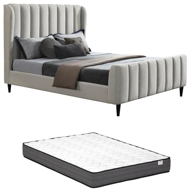 Łóżko 140 × 190 cm – Tapicerowane z pionowymi przeszyciami – Jasnoszare + Materac – CASAGOTI