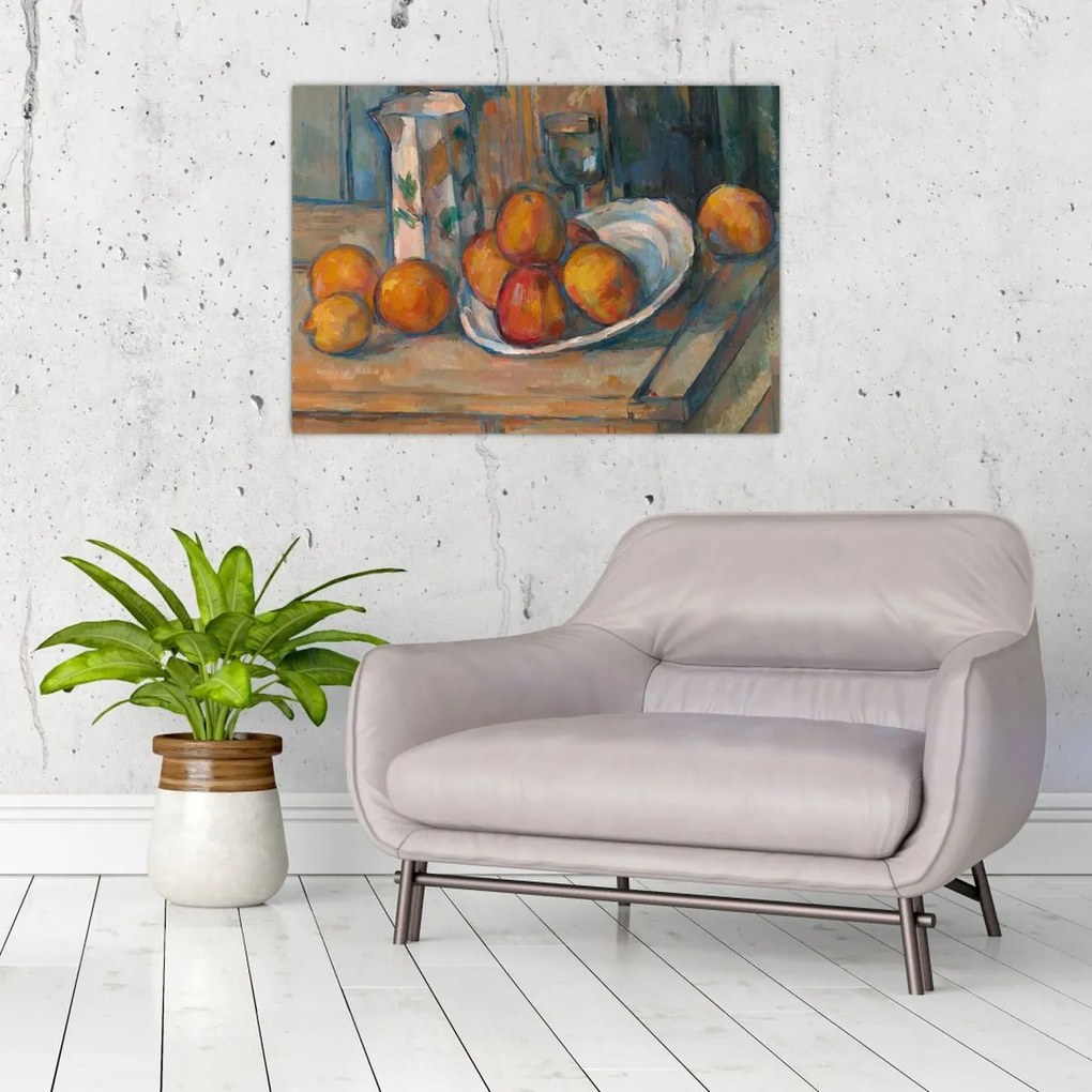 Obraz na szkle - Paul Cézanne, Still Life with Milk Jug and Fruit, reprodukcje (70x50 cm)