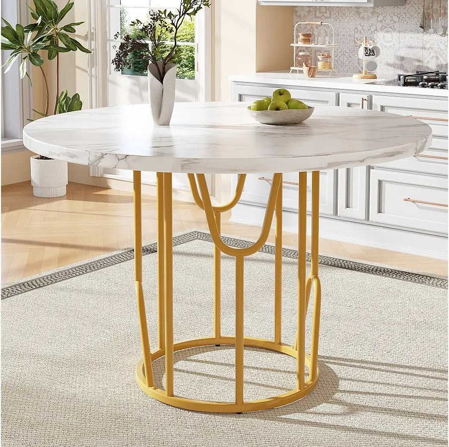 Okrągły stół jadalny dla 4-6 osób - 80 x 80 x 76 cm - , z płyty MDF marmurkowej, nogi w kolorze złotym, biały