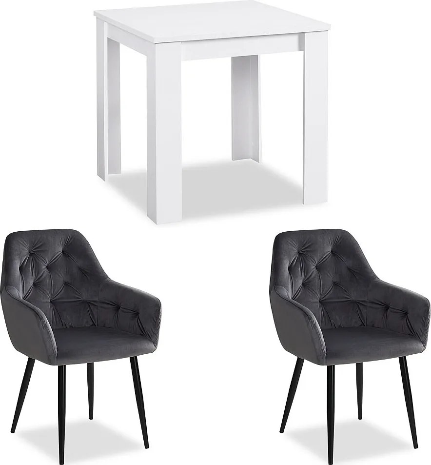 Stół jadalniany 80x80x75 cm biały z 2 szarymi aksamitnymi krzesłami typu jajko
