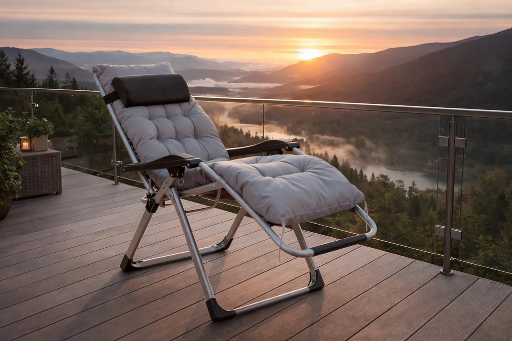 Leżak ogrodowy składany Solano z poduszką i uchwytem na napoje, szary