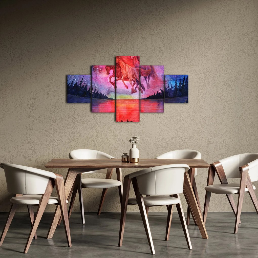 Obraz - Pojawienie się kosmicznych koni nad jeziorem, akwarela (125x70 cm)
