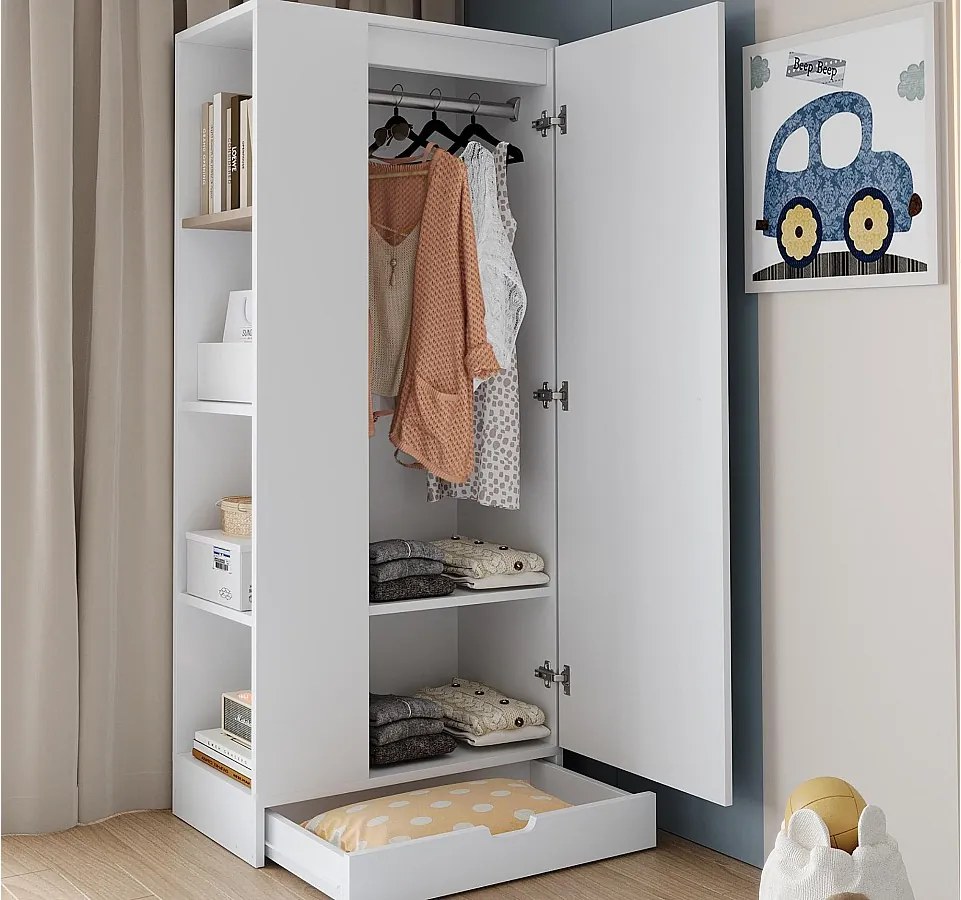 Szafa ubraniowa 70x40x170 cm - 1 drzwi - z półkami - 1 szuflada - Biały