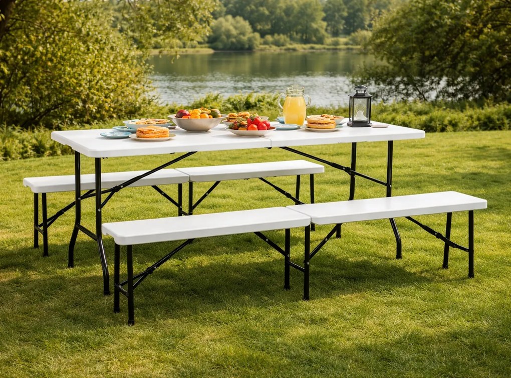 Zestaw cateringowy - stół bankietowy 180 cm i 2 ławki Party, biały