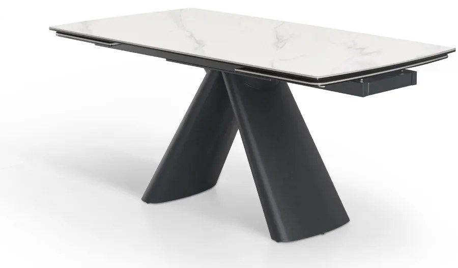 Elegancki stół z białym ceramicznym blatem na hartowanym szkle. Metalowa podstawa z czarnej stali nadaje mu nowoczesny charakter i wyjątkową trwałość.