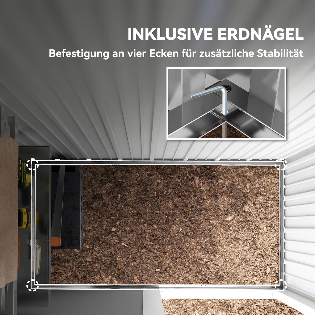 Outsunny Szopa ogrodowa, zewnętrzna szopa z blachy falistej, design ściany, regulowane półki, zamykane drzwi, szary