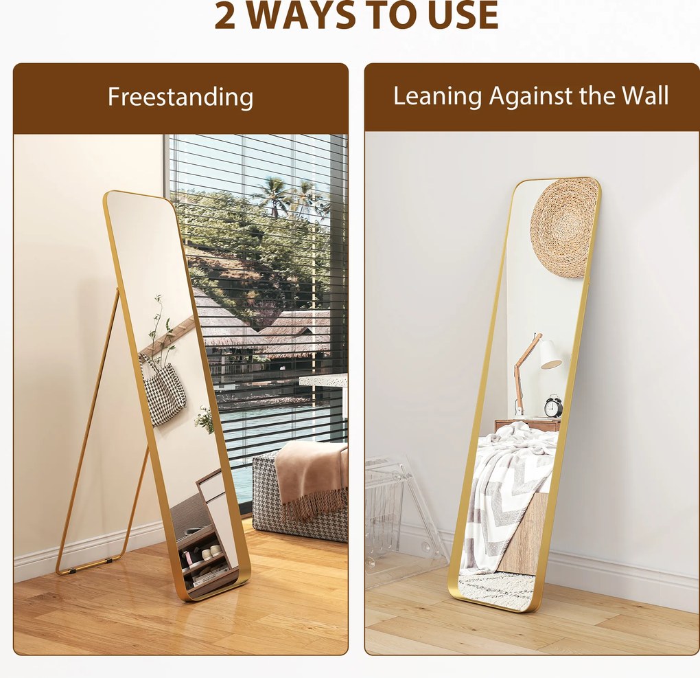 HOMCOM Lustro całego ciała, wolnostojące, regulowane, ramka metalowa, MDF, 160 x 40 cm, Złote
